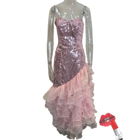 VTG 80s Prom Dress Women 7 Pink Sequins Sweetheart Neckline Party Gown  Fairycore